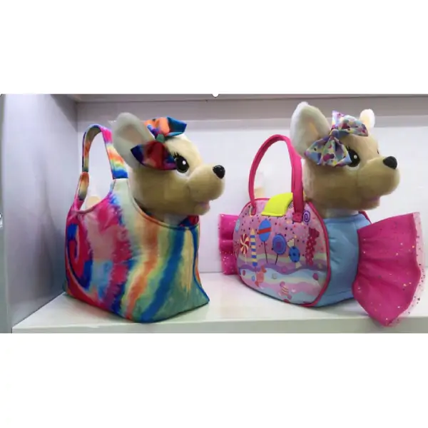 Kuče i povodac šeta i peva u torbi