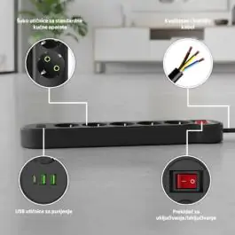 Produžni sa 5 mesta 2m 1.5mm2+pr. 2xUSB+tip C Prosto