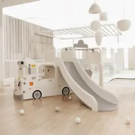 Dečiji beli vozić sa toboganom, ljuljaškom i ostavom za igračke