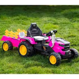 Dečiji traktor na akumulator sa prikolicom i daljinskim upravljačem Roze – 12V, Bluetooth, USB i LED svetla